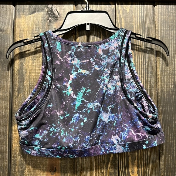 Fabletics Milda‎ Sports Bra L Hole-y Moley Blue Black High Neck Mesh Stretch Gym - Picture 3 of 6